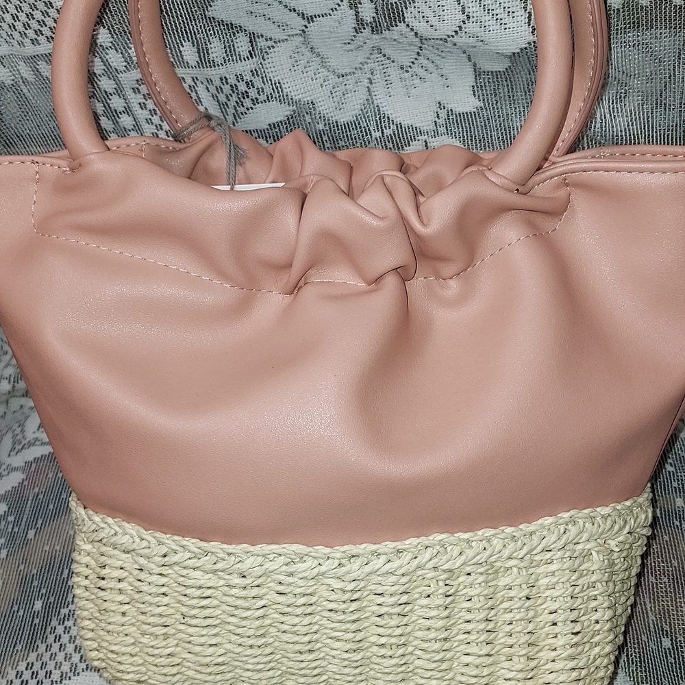Women's Pink Straw & Faux Leather Tote Bag